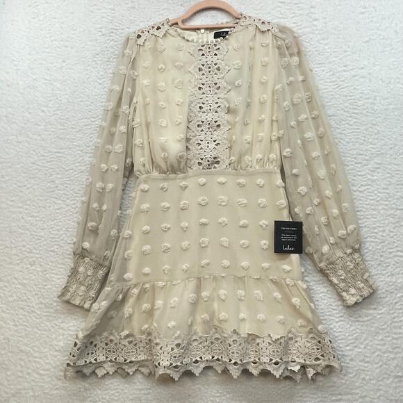 Lulus Dresses & Skirts - Lulus Dress Womens Extra Small Cream Long Sleeve Swiss Dot Lace Boho Mini Party